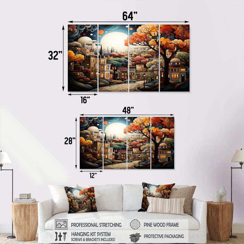 Cozy village in Autumn Moonlit II - City Art Deco, ensemble d'art mural 4 pièces, H 32 po x l 64 po