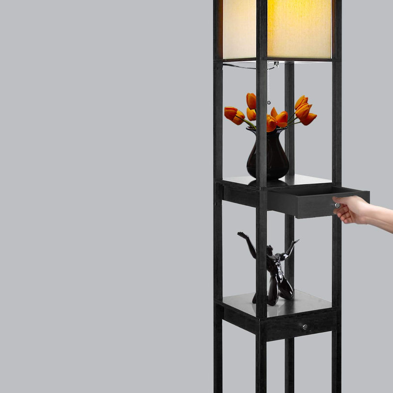 Modern Floor Lamp With Drawer, Shelves, And LED Bulb - Asian-Inspired Design For Living Room, Bedroom, And Office, Black
