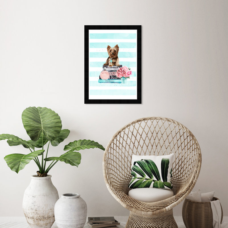 «Yorkie Mint Blue», impression encadrée, Cadre noir