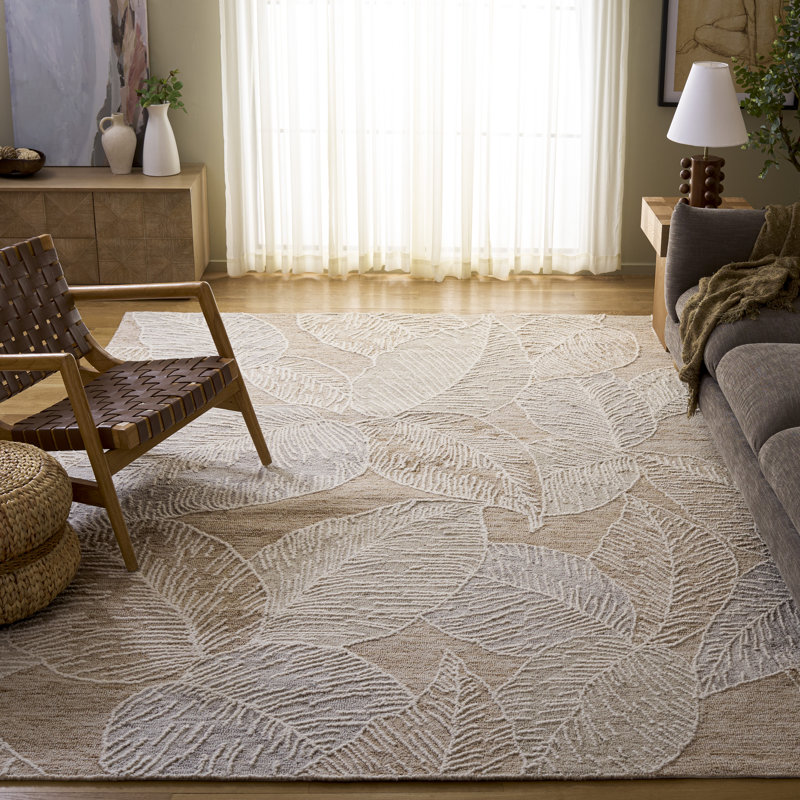 Tapis floral en laine / coton touffeté à la main Jardin 375 en taupe / ivoire, Rectangle 8 pi x 10 pi