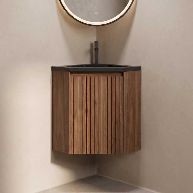 Meuble-lavabo mural triangulaire de 56 cm (22 po) avec lavabo intégré en résine noire et armoire en noyer, Noyer