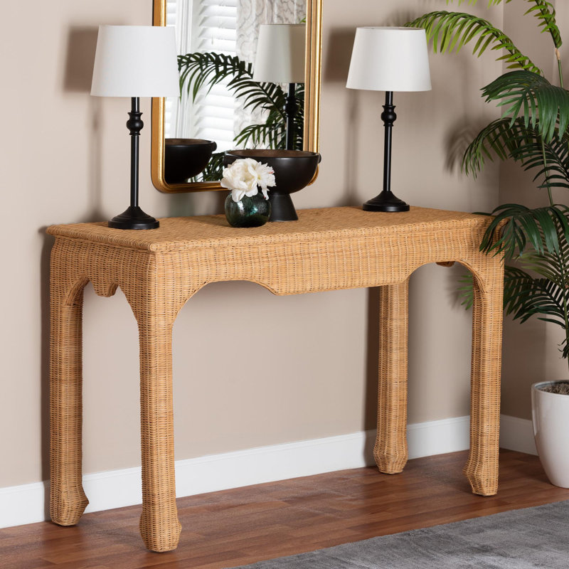 Bali & Pari Abena Handwoven Natural Rattan Console Table – Ming Style Wicker Accent Table Or Sofa Table