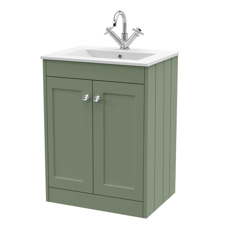 Old London Ashwick Pebble Grey 800mm Floorstanding 2-Door Unit With Basin 1 Tap Hole, Satin Green, 605 cm