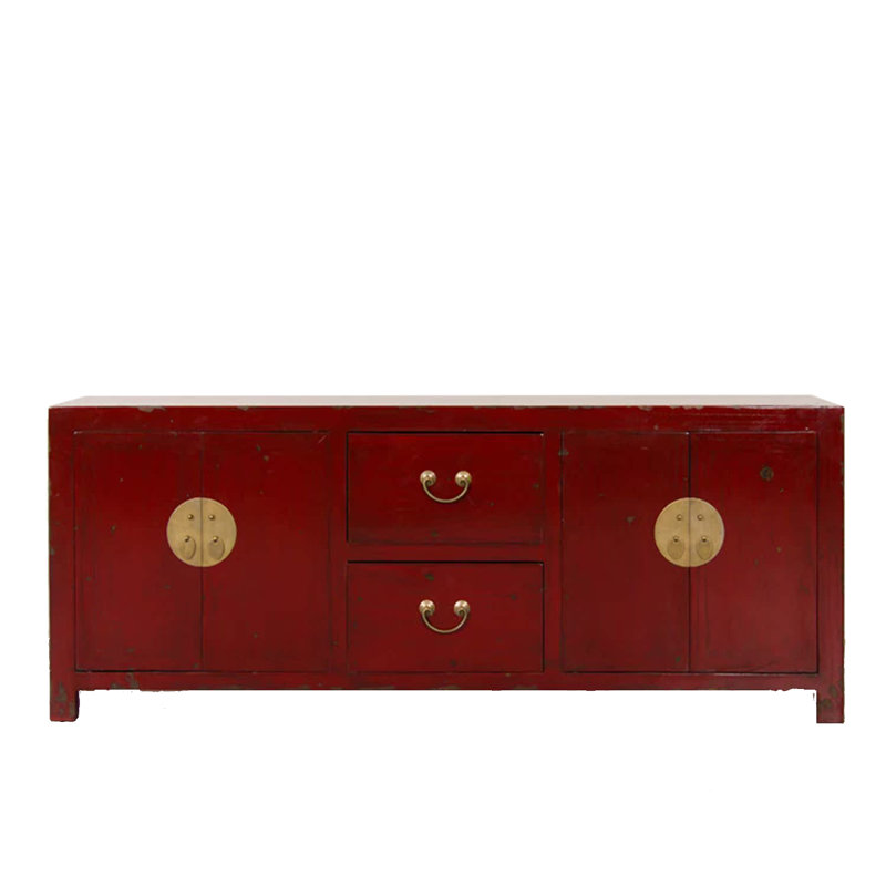 Console rétro en bois massif rouge chinois avec poignées rondes en laiton