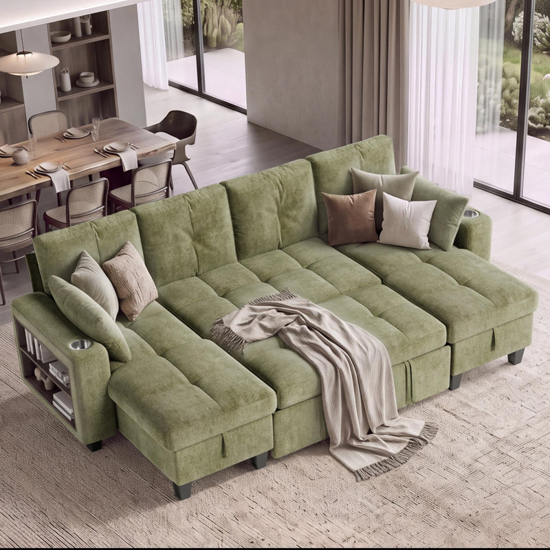 Canapé modulaire capitonné modulaire en U 108,6 po avec canapé-lit, chaise de rangement et bibliothèque Benett