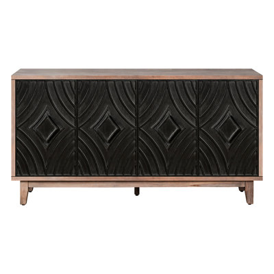 Buffet antique avec 4 portes à motif convexe et 2 tablettes - Fabrication en bois massif pour une grande durabilité, armoire de rangement de 60 po de large avec rangement noir