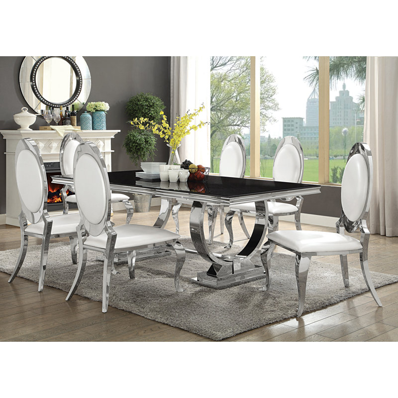 Kemia 7 - Piece Trestle Dining Set, Black, Cream, 45"H x 21.85"W x 27.9"D