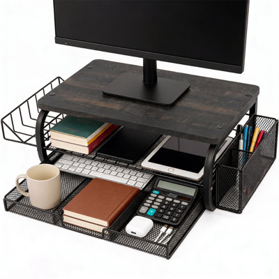 Wood Mesh Metal Desktop Organizers Computer Monitor Stand Riser Accessories Storage With Drawers