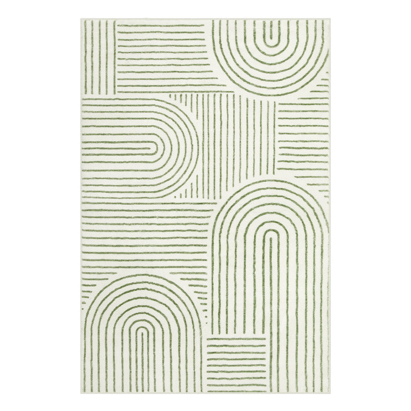 Celeta Washable Abstract Japandi Rainbow Striped Green Area Rug - Colorful Modern Carpet for Living Room, Bedroom, or Office Decor