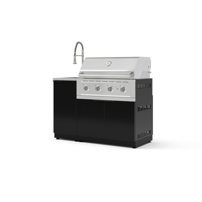 Outdoor Grill Island Aluminum Black 3 Piece Cabinet Set with Sink, Grill Cabinet, 36" Natural Gas Performance Grill and Brushed Nickel Faucet