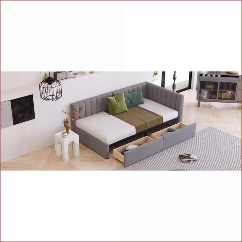 Structure de lit de jour simple rembourrée en lin avec rangement - aucun sommier nécessaire, gris pour chambre d'amis / deuxième chambre