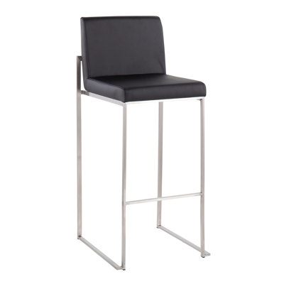 Contemporary High Back Barstool in Stainless Steel and Black Faux Leather  - Set of 2