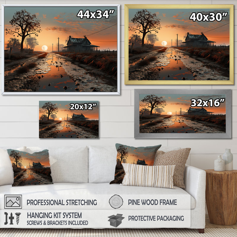 «Sunrise Countryside Farm Unveilé I», reproduction sur toile, Cadre simple blanc, H 24 po x l 32 po x P 1 po