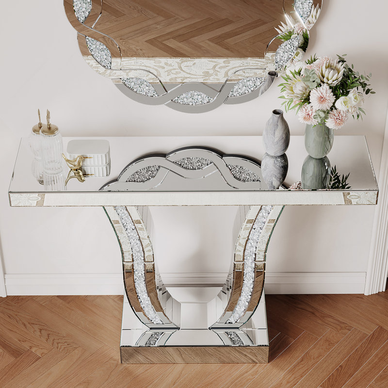 Console à miroir de 43 pouces, canapé d'entrée argent moderne avec pieds courbés incrustés de pierre, décoration glamour et polyvalente pour le salon et le couloir
