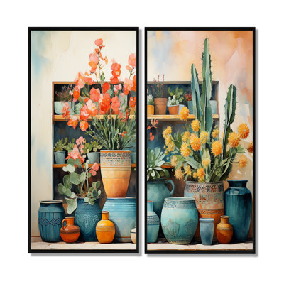 Blue Floral Watercolor Pottery I - Blue Wall Decor 2-Pieces