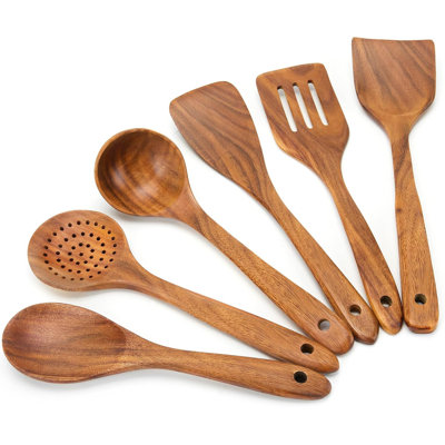6-Piece Teak Wooden Utensil Set For Cooking - Smooth Finish, Non-Stick, Comfort-Grip Wooden Spoons, Ladle, Turner, Spatula, Skimmer, Salad Spoon - Durable Natural Teak Wood Kitchen Tools