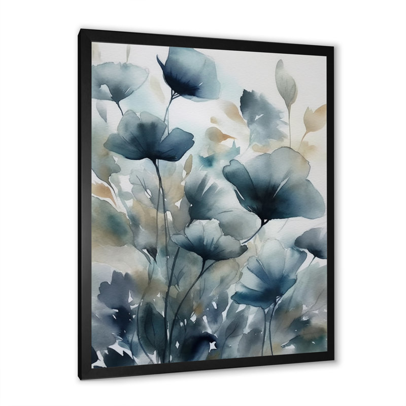 "Blue Leaf Foliage And Flowers III", reproduction d'art sur toile, H 32 po x l 24 po, Cadre photo noir