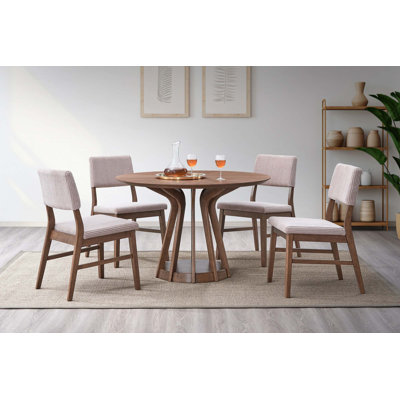 5Pcs Walnut Finish Round Table W/Dusty Mauve Corduroy Chair Dining Set by Ophelia & Co.
