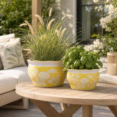 Chinoiserie Ceramic Outdoor Planters For Living Room And  Patio Decor - Decorative Indoor Planter Flower Pots For Garden Home Display - Set Of 2