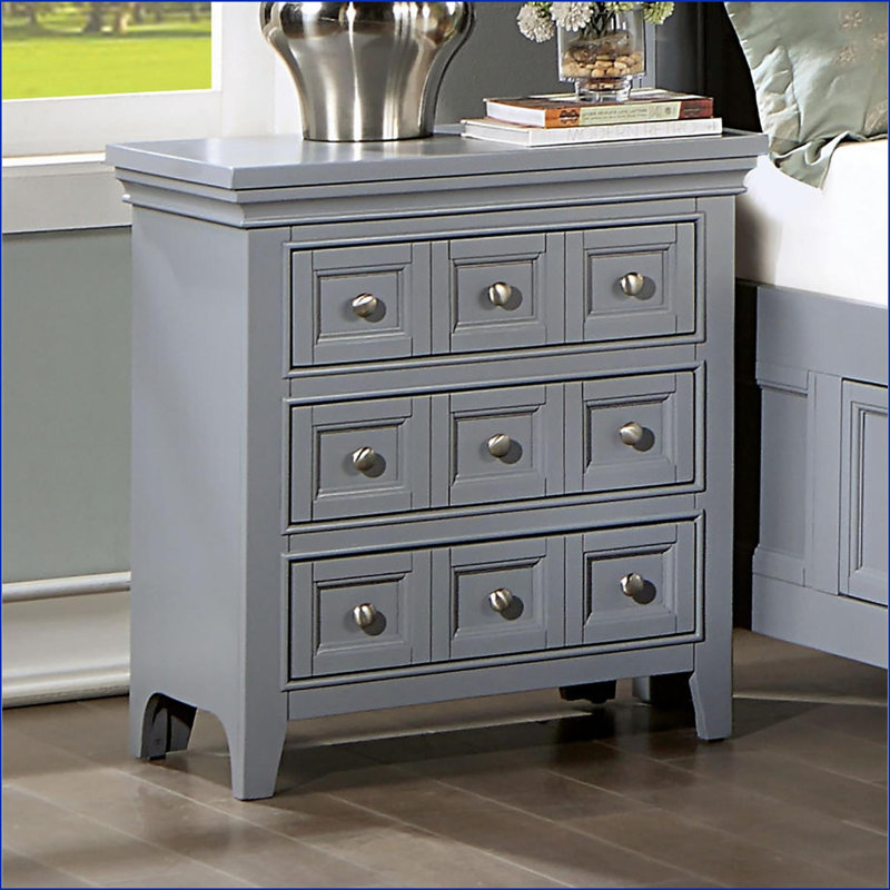 Table de chevet 3 tiroirs en bois massif gris transitionnel