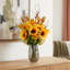 Sunflower, Hydrangea and Dahlia Fall Arrangement in a Glass Vase