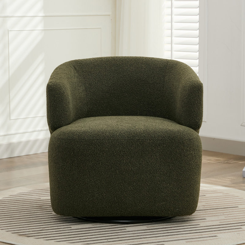 Wide Upholstered Swivel Barrel Accent Chair, No Assembly required, Dark Green Boucle