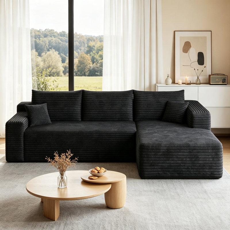95" Modern Minimalist L‑Shaped Cloud Sectional Sofa, Plush Striped Corduroy Upholstered Corner Couch with Spring‑Pack Cushion, No Assembly Required, Black