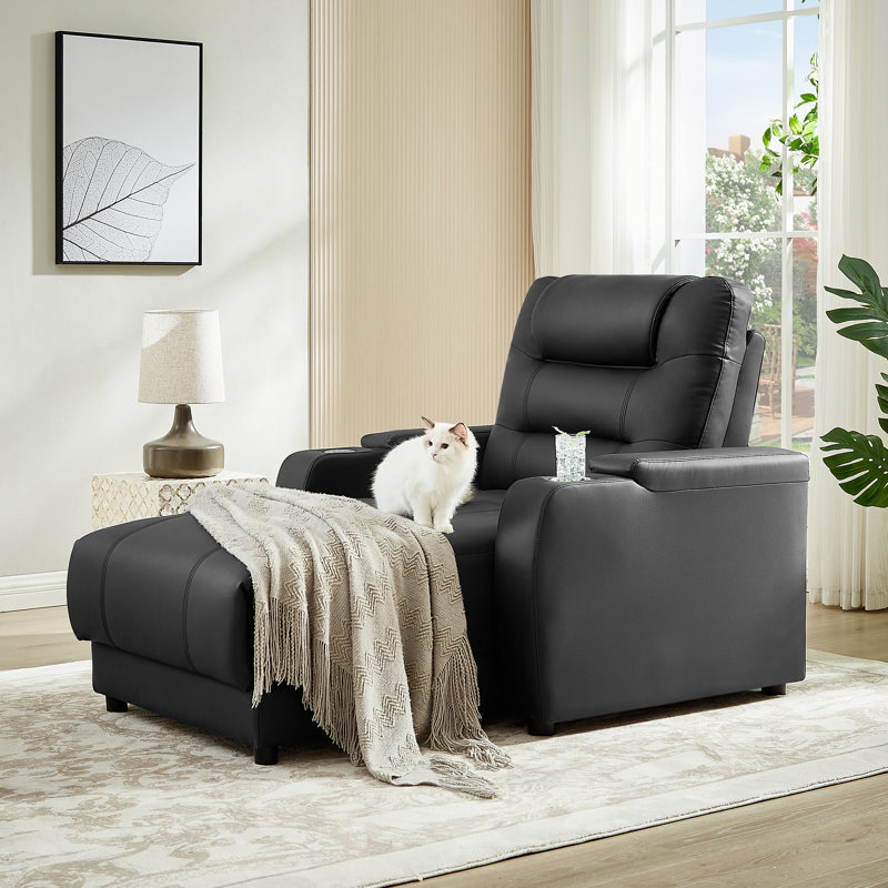 Kofel Vegan Leather Chaise Lounge with Wireless Charging and Cup Holder, Black