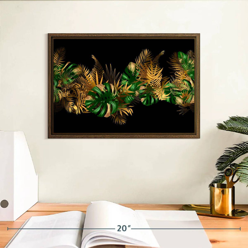 Feuilles dorées et vertes, 13 po x 9 po, Cadre flottant en noyer