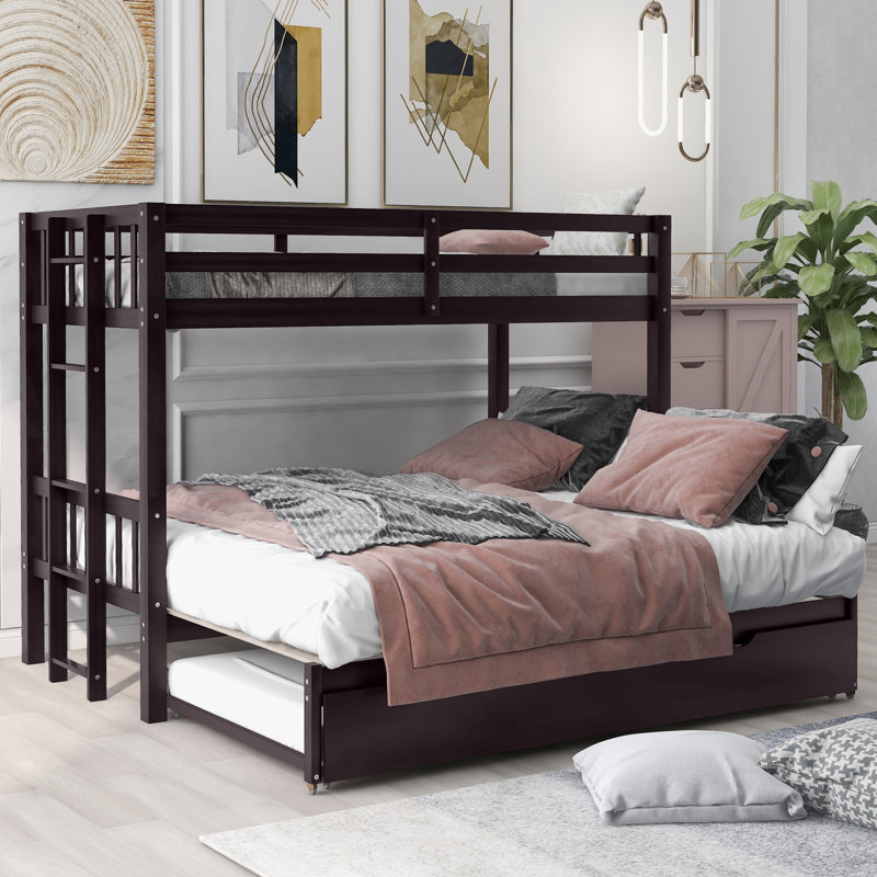 Twin Over Twin Bunk Bed with Pull-Out Platform and Trundle, Convertible Design for 4 Sleepers, Space-Saving Frame, Espresso