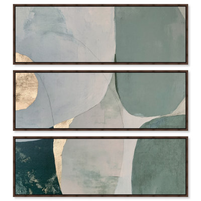 Ensemble de décoration murale Art Remedy : impression sur toile encadrée « Teal Fluidity », grand format, cadre en noyer, 48 x 16 pouces.