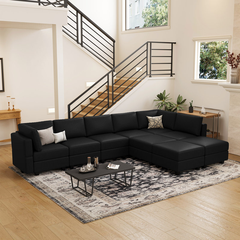 Canapé modulaire en velours réversible 9 pièces avec rangement Wylodene, Similicuir noir