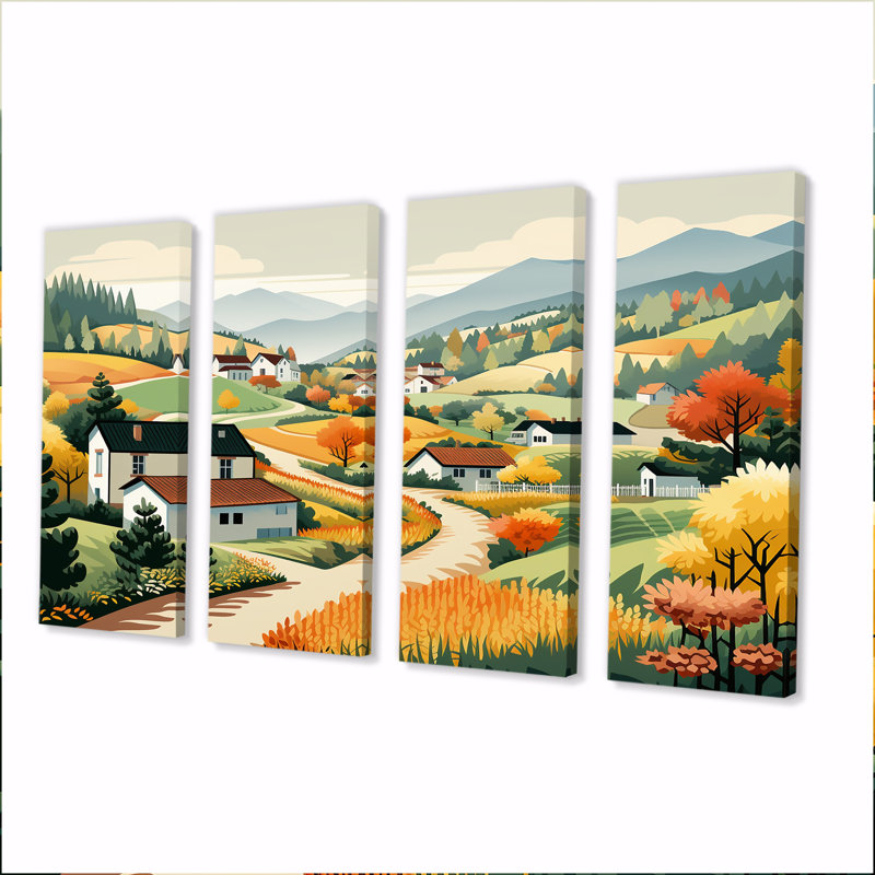 «Autumn in Pittoresque Mountain Town - 4 pièces d'art mural, H 32 po x l 64 po
