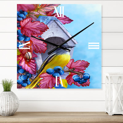 Titmouse Bird Sitting on a Branch Near a Birdhouse - Traditional Wall Clock