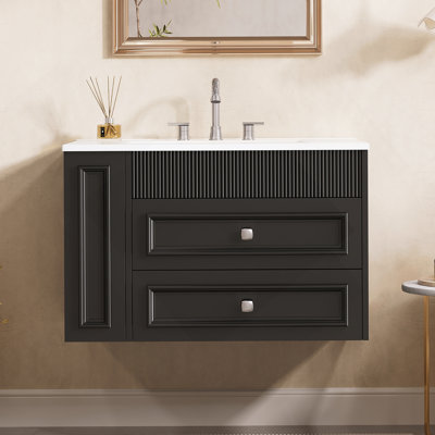 Meuble-lavabo mural avec design flottant, 2 tiroirs, lavabo simple en céramique, offrant beaucoup de rangement et un style moderne pour votre salle de bain