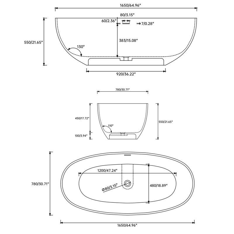 65''Solid Solid Surface Bathtub, Freestanding Soaking Bathtub, White