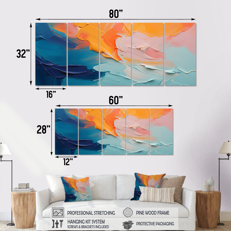 «Blue and Orange Paint Abstract Expression II», peinture abstraite, art mural 5 pièces, H 32 po x l 80 po