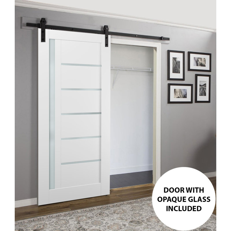 Porte de grange robuste Quadro 4088 Blanc Soie avec verre dépoli, rail de 2 m, quincaillerie robuste, portes intérieures à panneaux pleins - 107 cm x 213 cm - verre dépoli - rail noir