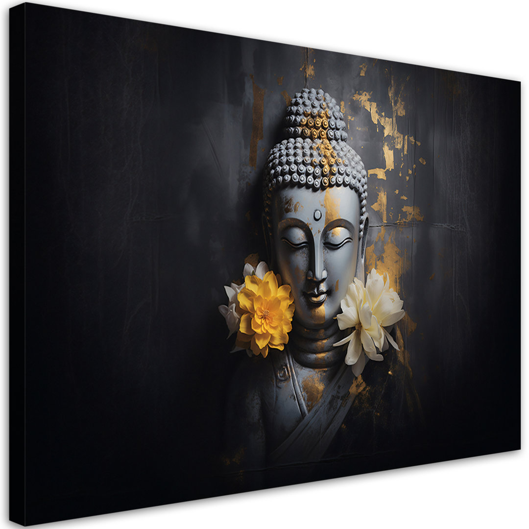 Leinwandbild, Grauer Buddha und Blumen