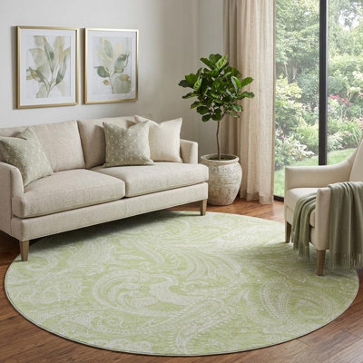 Tapis rond lavable en cachemire vert et ivoire 8 pi avec protection UV
