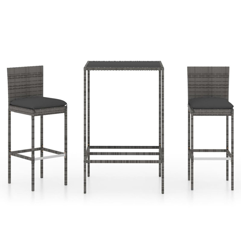 Ensemble de table de bar et tabourets avec coussins en rotin, Cadre gris / coussin gris