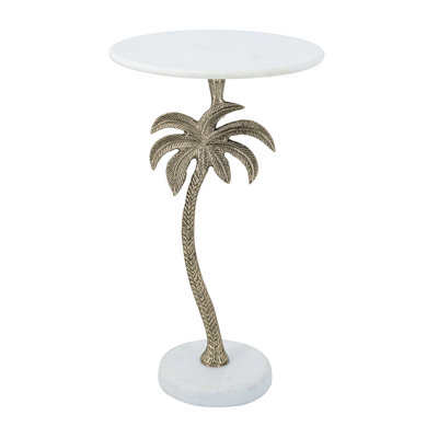 Gold Tree Design 14x14x24 Inches Round Table With White Marble Top, Enhances Tropical Atmosphere In Your Living Area, Pedestal Base, 18.5 Lbs, Assembly Needed Side Design, Adds A Touch To Art Spaces,