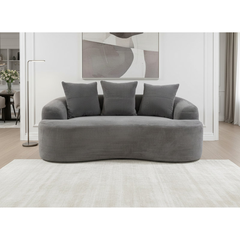 Corduroy 64,83 po incurvé, couleur grise, coussins à ressorts ensachés, 3 coussins décoratifs, petit canapé, aucun assemblage requis avec le velours côtelé, convient aux espaces