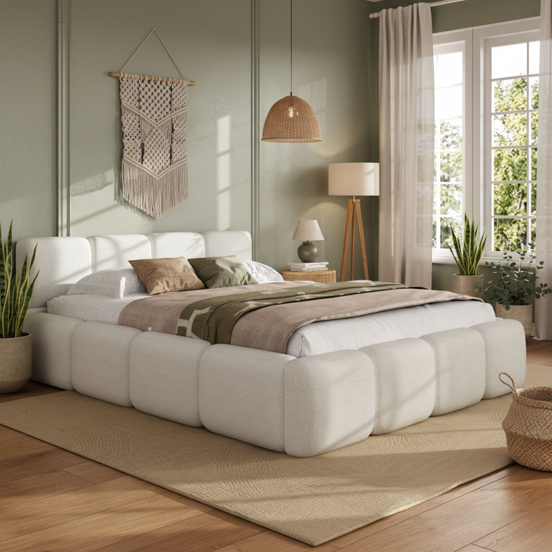 Lit plateforme tapissier très grand avec tête et pied de lit moelleux Boucle, Très grand lit