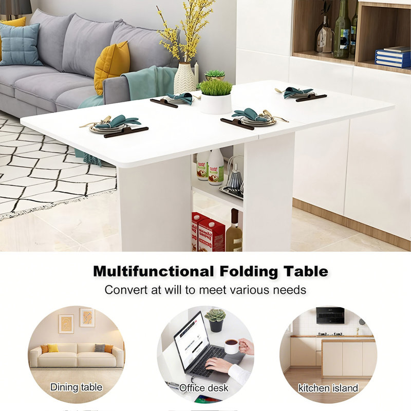 Table pliante à abattants avec 6 roulettes et 2 tablettes de rangement, table compacte pour petits espaces, P 47,2 po x l 23,6 po x H 30,3 po, blanc