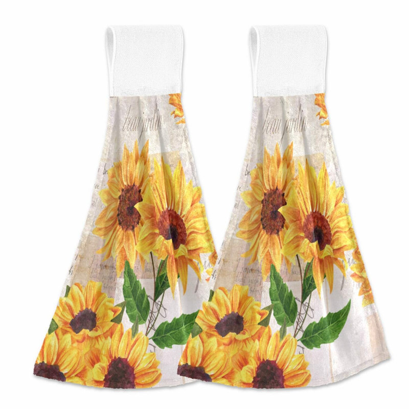 Sunflower Bliss Vintage Hanging Kitchen Towels - Absorbent Floral Hand Towels for Kitchen, Bathroom, Laundry Room - Set of 2, 12 x 17 Inches
