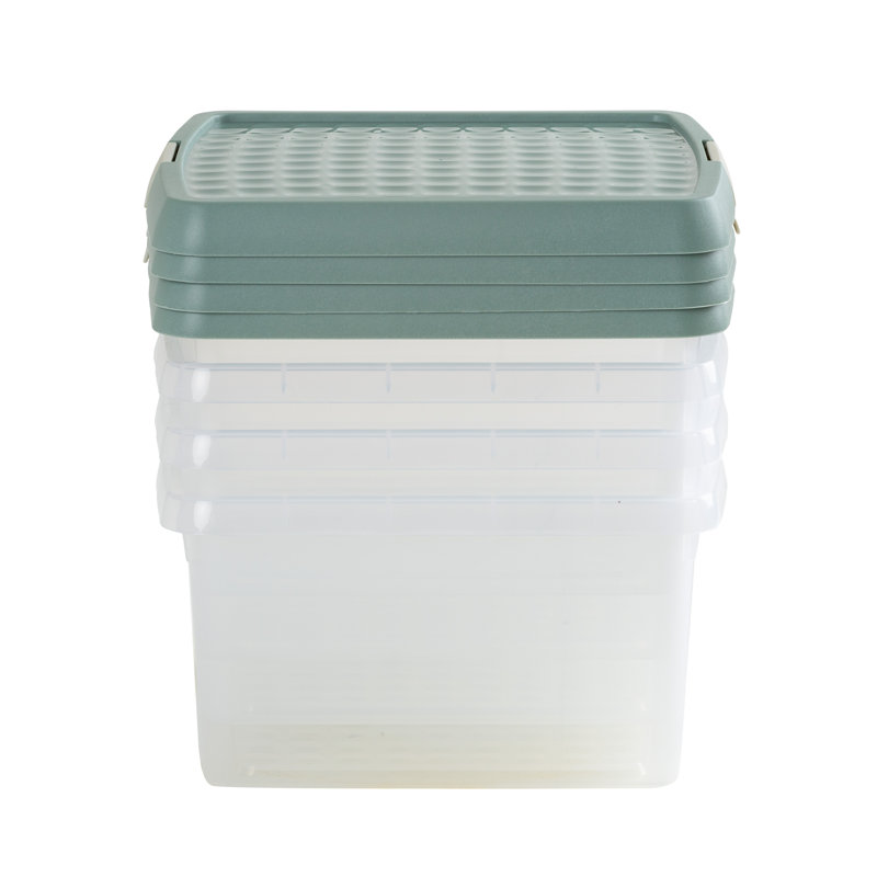 Wham Clip 9L Square Plastic Storage Boxes with Secure Clip Lock Lids. L:29 x W:29 x H:15.5cm, Clear/Green Milieu/Stone