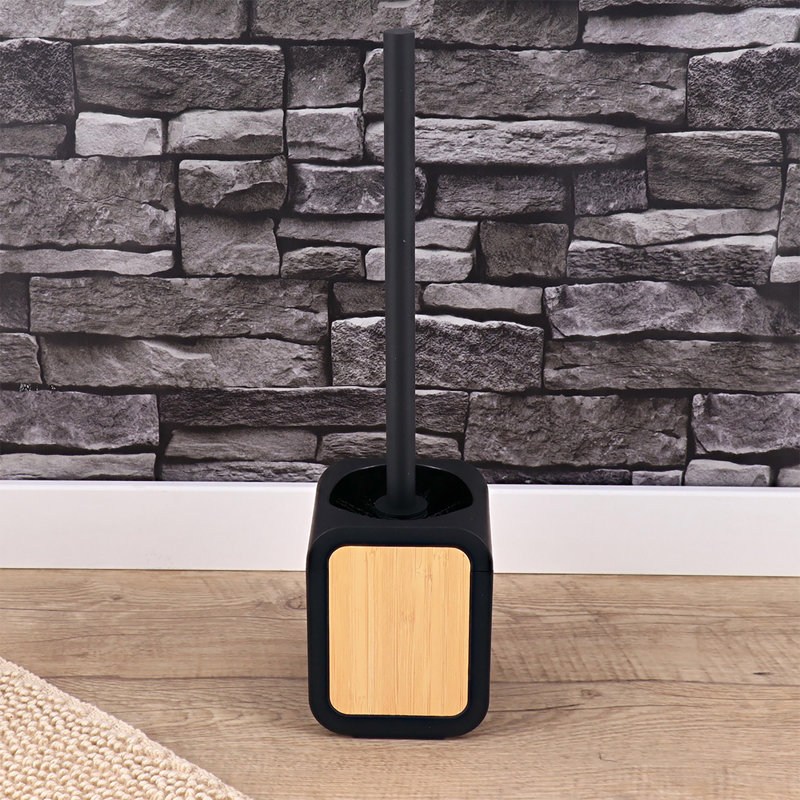Brosse et support de toilette en caoutchouc et bois, Noir