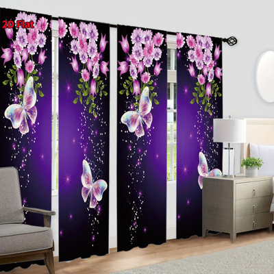 4 panneaux de rideaux de fleurs de papillons mauves romantiques, installation de poteaux de poche, impression numérique, pour salon, salle à manger, cuisine, bureau, hôtel, décoration