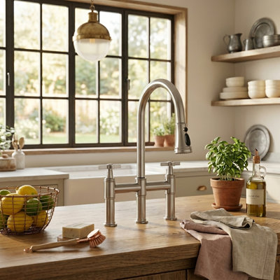 Robinet de cuisine Bridge avec tuyau rétractable 24 po et pulvérisateur à 3 fonctions